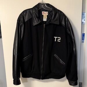 Black Leather Sleeve Bomber Jacket terminator 2 crew jacket 90’ Butler Brand CAD